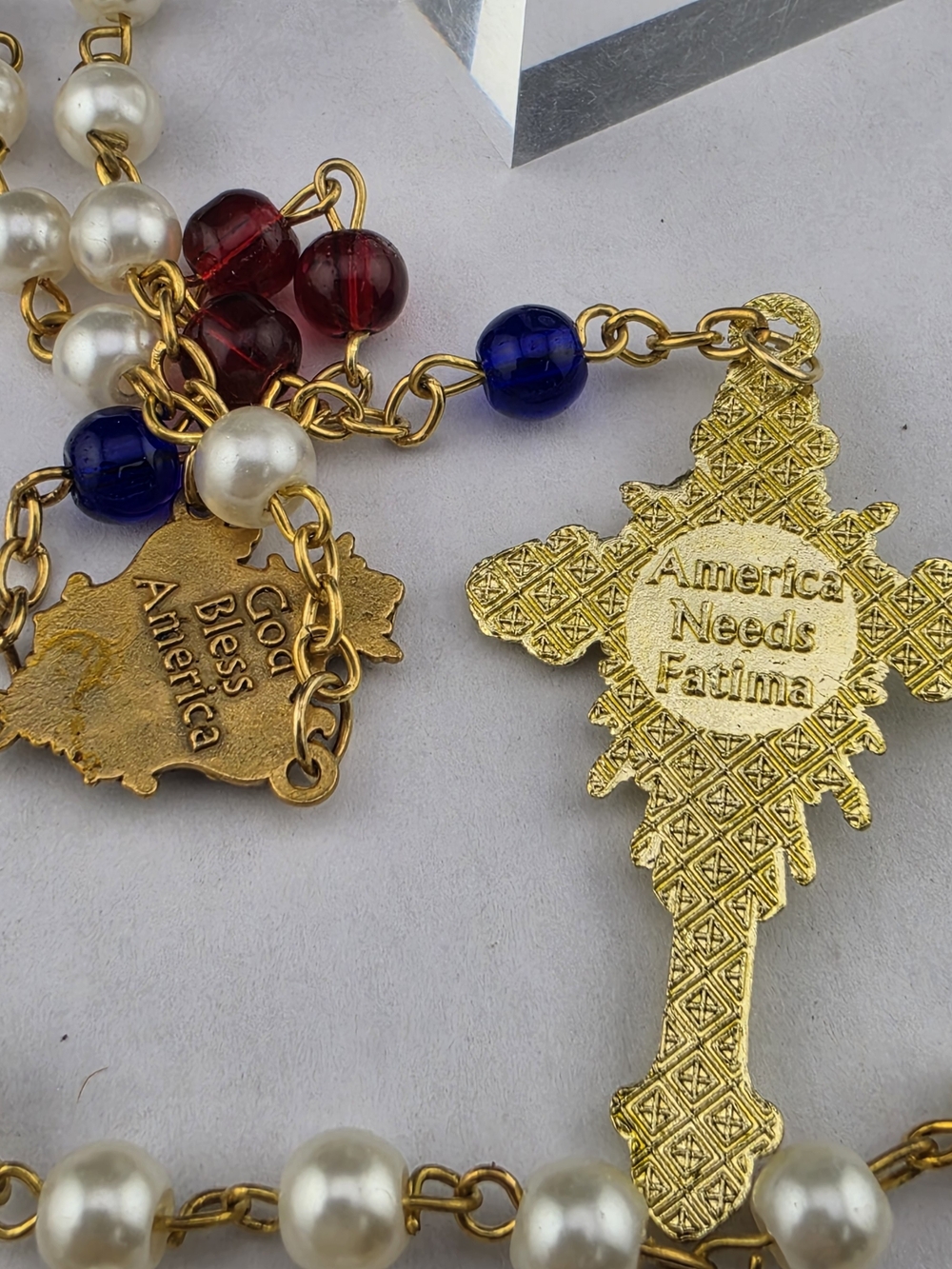 America Needs Fatima Red White Blue Rosary Necklace - Picture 3 of 4